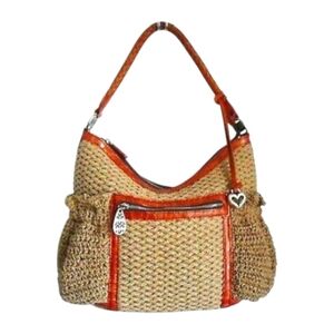 Brighton Handbag Leather Jute Shoulder Bag Woven with Braided Strap Heart Charm
